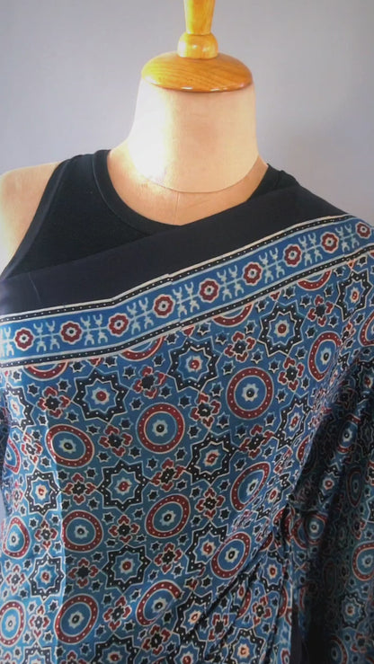 Ajrakh Hand Block Print Saree in Indigo