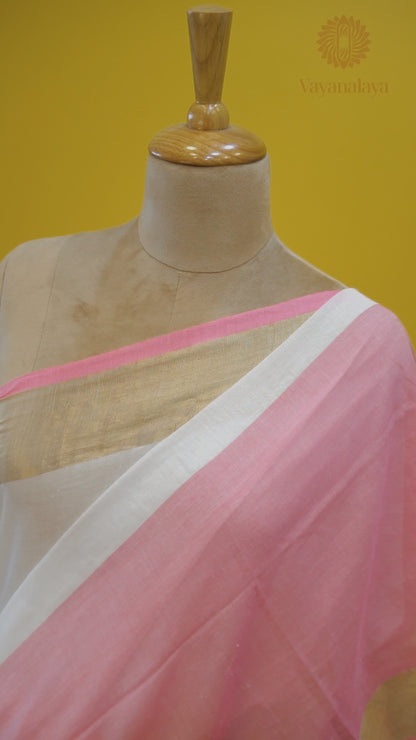 Off white and pink dual shade mul cotton saree