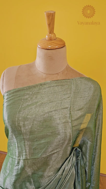 Pastel Green Handwoven Tissue Cotton Saree with Silver Threads
