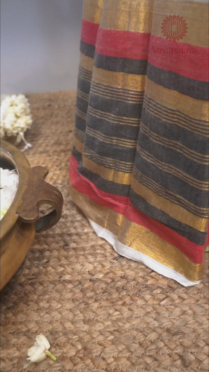 Charcoal & Coral Striped Kasavu Mul Cotton Saree