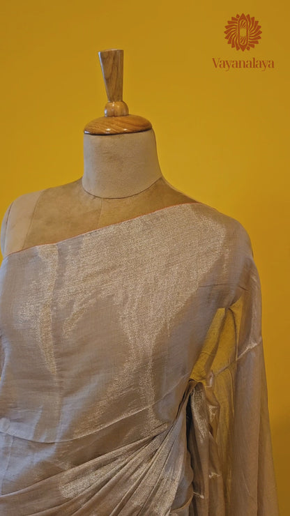 Handwoven Tissue Cotton Saree in Beige with Silver Sheen