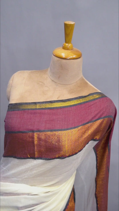 Maroon & Copper Gold Kasavu Mul Cotton Saree